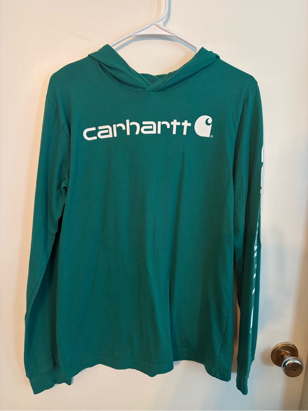 Carhartt Boys' Teal Hooded Long-Sleeve Shirt with White Logo size XL